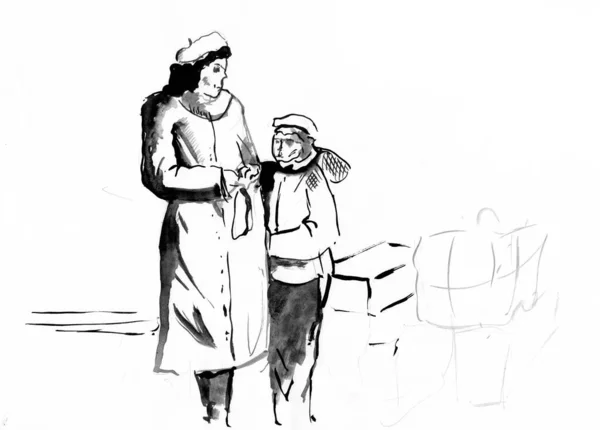 Hand Drawn Sketch Mother Son — Stock Photo, Image