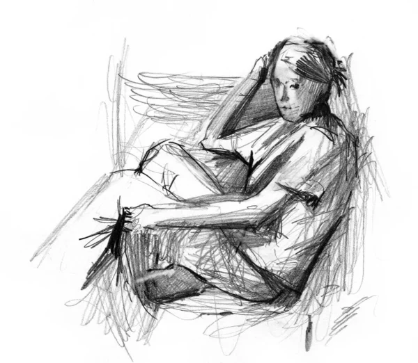 Hand Drawn Sketch Sitting Girl — Stock Photo, Image