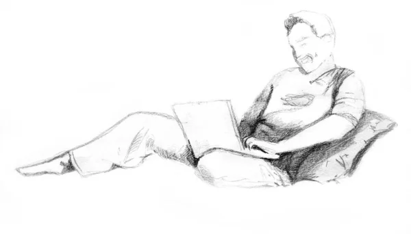 Hand Drawn Sketch Man Laptop — Stock Photo, Image