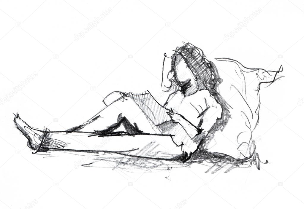Hand drawn sketch of reading girl