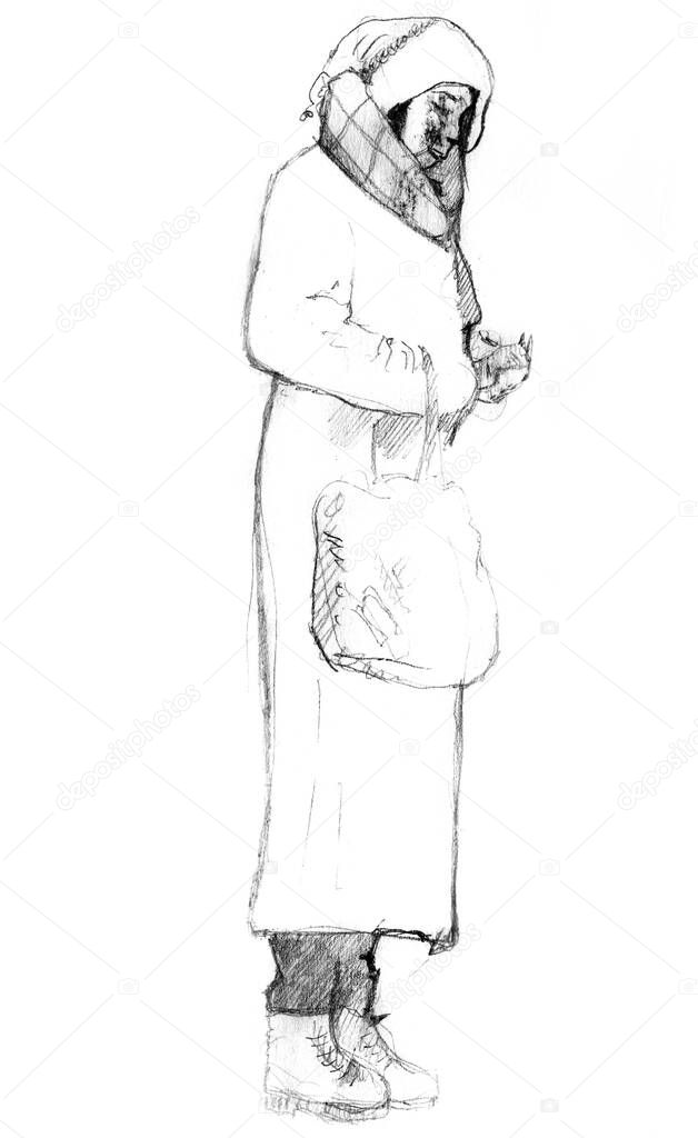 Hand drawn sketch of  weary lady