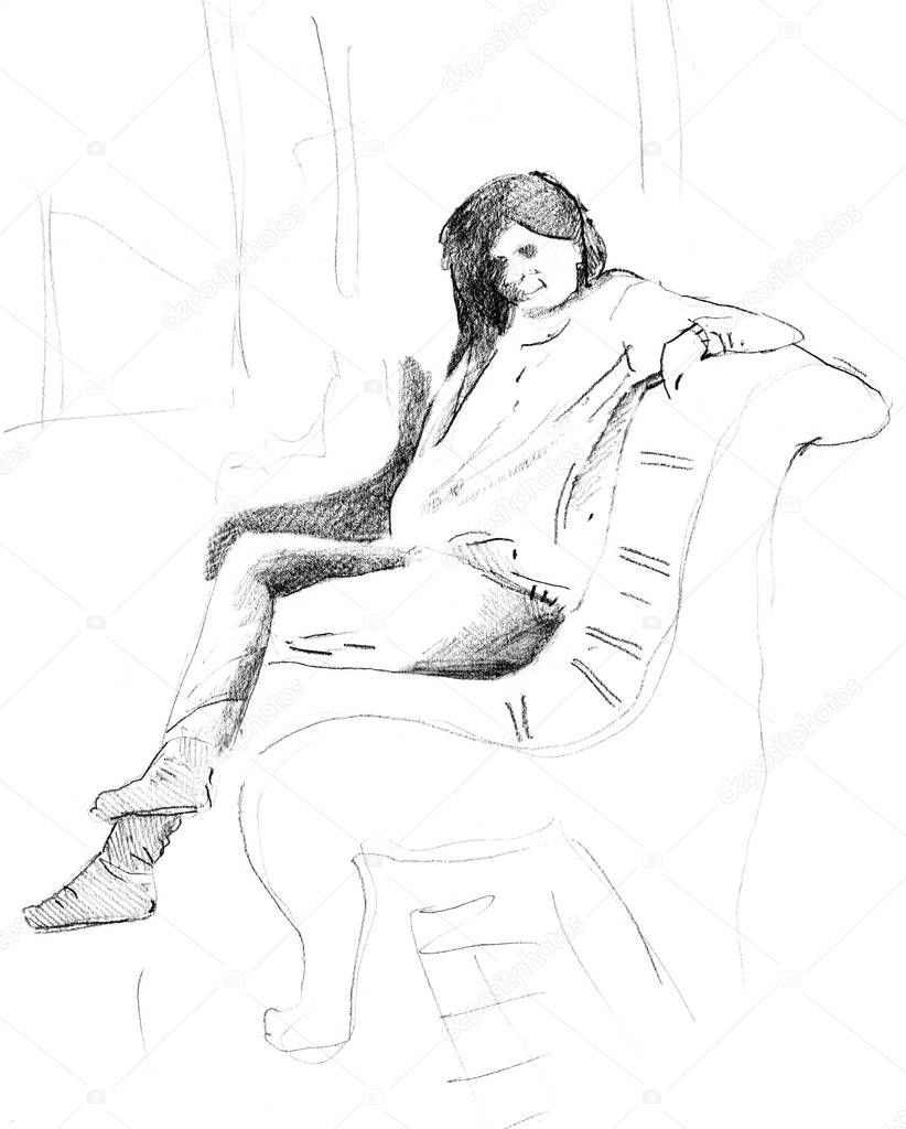 Hand drawn sketch of sitting girl