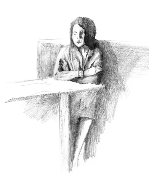 Χειροποίητο Σκίτσο Του Καθιστού Κοριτσιού — Φωτογραφία Αρχείου