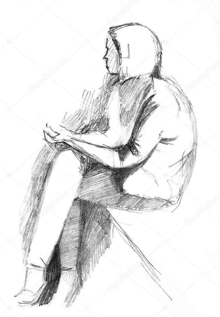 Hand drawn sketch of sitting girl