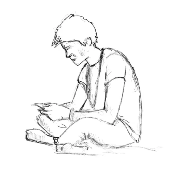 Ręcznie Rysowany Szkic Chłopca Czytania — Zdjęcie stockowe