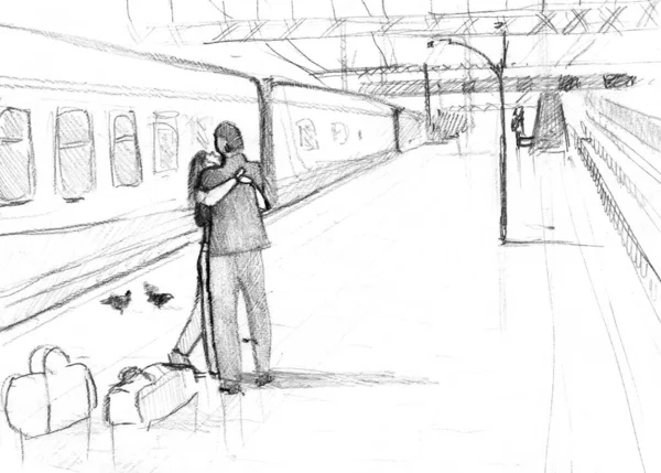 Desenho Feito Mão Amantes Estação Trem — Fotografia de Stock