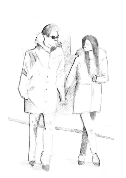 Hand Drawn Sketch Young Couple — Stock Photo, Image