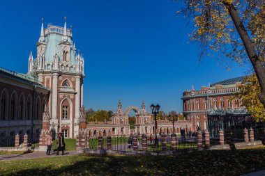 Moskova, Rusya - 11 Ekim 2018: Müze rezervi Tsaritsyno 'daki Büyük Çar Sarayı. Tsaritsyno, Moskova 'nın güneyinde yer alan bir saray müzesidir. 1776 'da Büyük Catherine' in emriyle kuruldu..