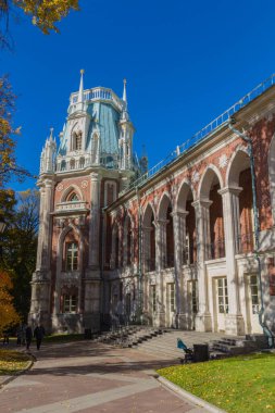 Moskova, Rusya - 11 Ekim 2018: Müze rezervi Tsaritsyno 'daki Büyük Çar Sarayı. Tsaritsyno, Moskova 'nın güneyinde yer alan bir saray müzesidir. 1776 'da Büyük Catherine' in emriyle kuruldu..
