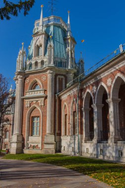 Moskova, Rusya - 18 Ekim 2018: Müze rezervi Tsaritsyno 'daki Büyük Tsaritsyn Sarayı. Tsaritsyno, Moskova 'nın güneyinde yer alan bir saray müzesi..