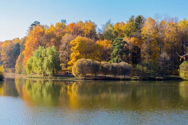 Moscow Russia Października 2018 Panoramiczny Widok Staw Parku Caritsyno Osoby — Zdjęcie stockowe