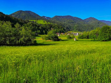 Kranjska Gora, Slovenya - 07 Haziran 2019: Podkoren Slovenya 'nın kuzeybatısında Kranjska Gora belediyesine bağlı bir köydür..