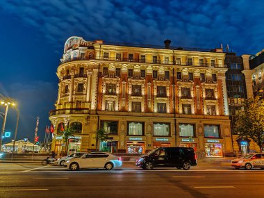 MOSCOW, RUSSIA - 15 Haziran 2019: Moskova şehir merkezi, Motion Speed Light. Moskova 'da ışık yolları.