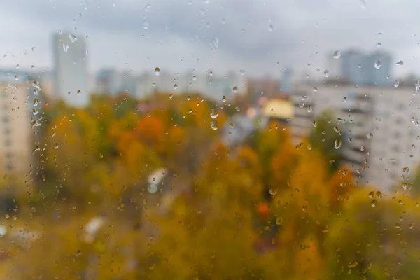Deszczowy Dzień Jesienią Moskwie Rosja Nagły Mróz Krople Szybę Miejski — Zdjęcie stockowe