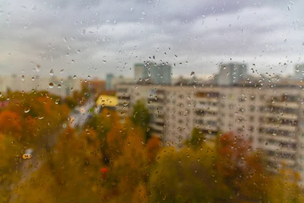 Oblačno Deštivý Den Podzim Moskvě Rusko Náhlé Zachvění Kapky Okenní — Stock fotografie
