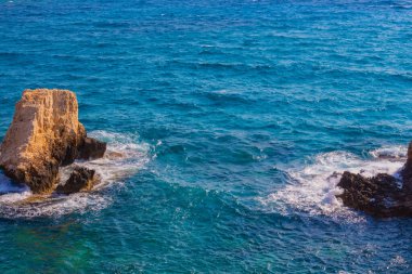 Monachus Monachus Kemerinin kıyısında. Cavo Greco pelerini. Ayia Napa, Kıbrıs. Akdeniz manzarası