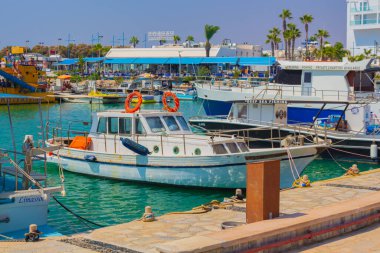 Ayia Napa, Kıbrıs - 07 Eylül 2019: Ayia Napa Limanı. Balıkçı tekneleri, palmiyeler ve turistler.