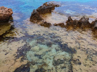 Kıbrıs Rum Kesimi 'nin Ayia Napa kentindeki Akdeniz' in Rocky plajı. Doğal taş oluşumları. Şeffaf su.