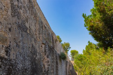 Kıbrıs Rum Kesimi 'nin Agia Napa kentindeki Antik Bizans su kemerinin önüne park et. Çiçek açan.