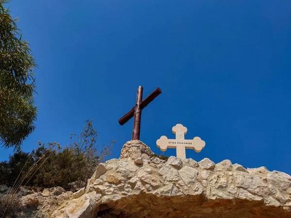 Wooden ans stone crosses over Agios Epiphanios church in Ayia Napa, Cyprus