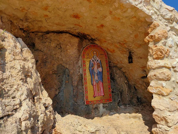 Ruins Old Agios Epiphanios Church Modern Mosaic Byzantine Style Ayia — Stock Photo, Image