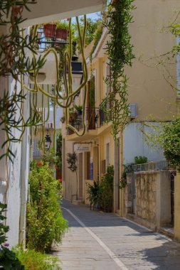 Rethymno, Yunanistan - 2 Ağustos 2016: Eski kentin balkonunda büyük kaktüsler. Eski Rethymnon kasabası Rönesans 'ın en iyi korunmuş kasabalarından biridir..