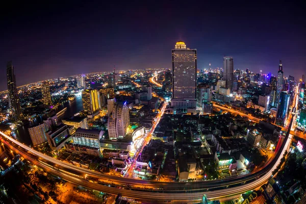 Fisheye photography of the Bangkok city at night, Thailand.