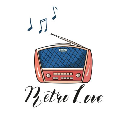 Eski radyo. Geçen yüzyılın eski bir radyo alıcısı karikatür çizimi. Kırmızı ve pembe retro radyo