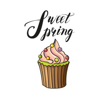 Bahar yazı ile cupcake vektör. Pembe pasta vektör çizim
