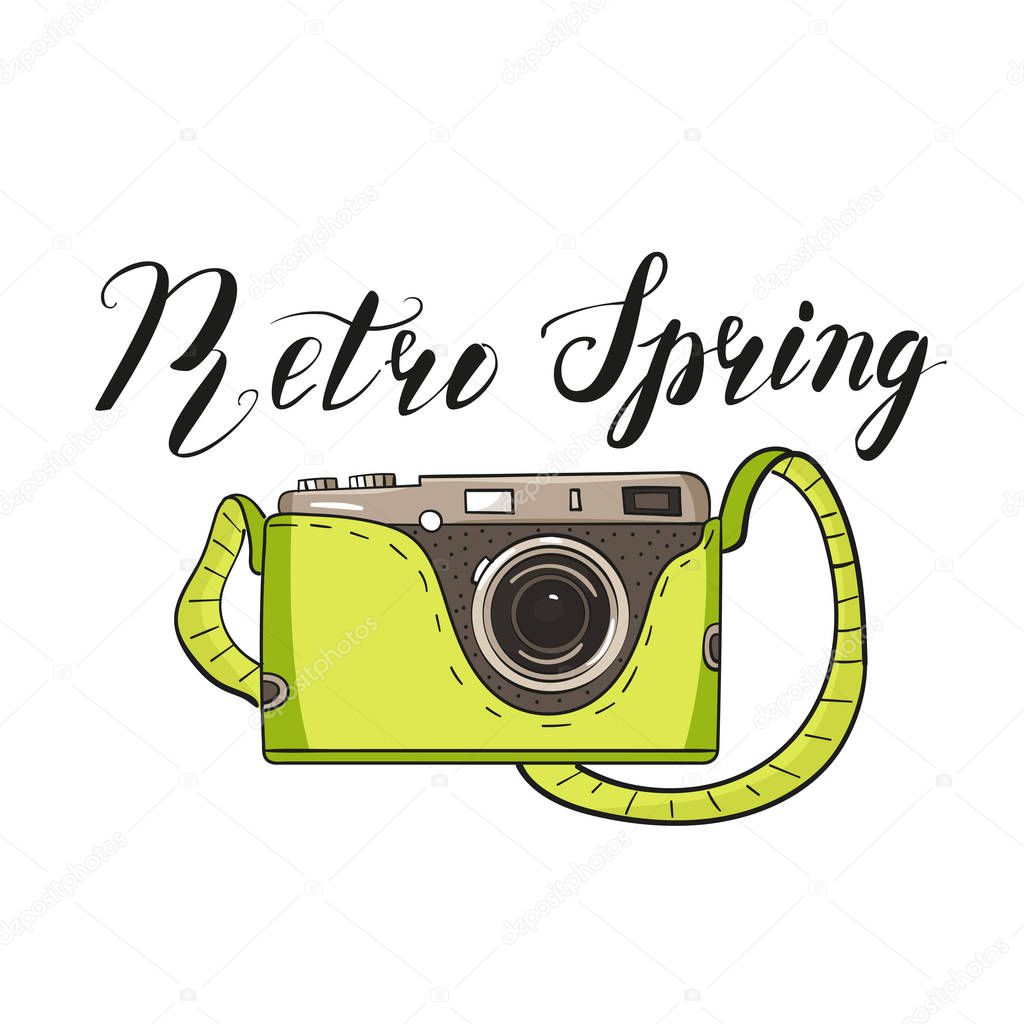 Photo camera in cartoon style. Green color and lettering