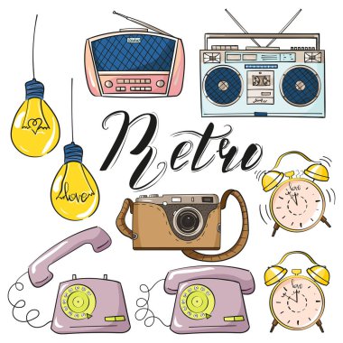 Fotoğraf makinesi, radyo, ses kaydedici, telefon, ampul, çalar saat beyaz arka plan üzerinde izole karikatür tarzı içinde ayarla retro içerir
