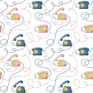 Pembe ve mavi vintage ile vektör seamless modeli telefonlar. Eski retro telefonu, karikatür tarzı. Mavi, pembe, kırmızı renkler. Telefon telleri bağlarken