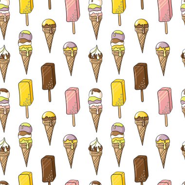 Dondurma vektör desen parlak renkler. Pembe, sarı, mor, Lila, yeşil, çikolata, vanilya, limon dondurma, dondurma koni, Buz lolly ve eskimo pasta
