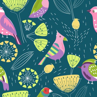 farklı bitki ve kuş saf tarzı ile Seamless modeli. Çiçekler ve koyu mavi arka plan üzerinde stilize parlak kuşlar