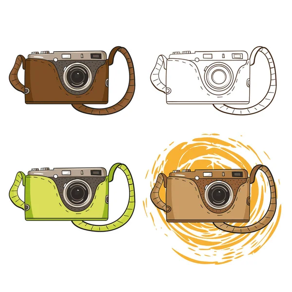 Retro Camera Cartoon Style Three Color Wersions Green Brown Beige — Stock Vector