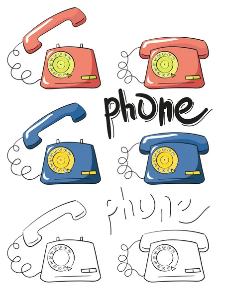 ベクトル図は ビンテージ電話の異なる色のセット 漫画のスタイルの古いレトロな携帯電話 ピンク 赤の色し の分離の白い背景の概要 — ストックベクタ