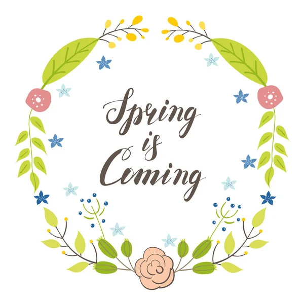 春のレタリングと手描きの花フレームが来ています。パステル調の色合い — ストックベクタ