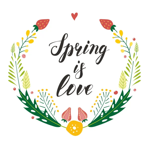 Cadres floraux dessinés à la main avec fraise et lettrage printemps est l'amour. Nuances pastel — Image vectorielle