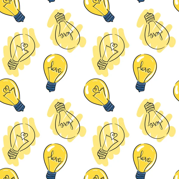 Seamless pattern with vector light bulb, symbol of heart and love ,symbol of innovation and good ideas. Background with bulbs outline and yellow color — Stock Vector