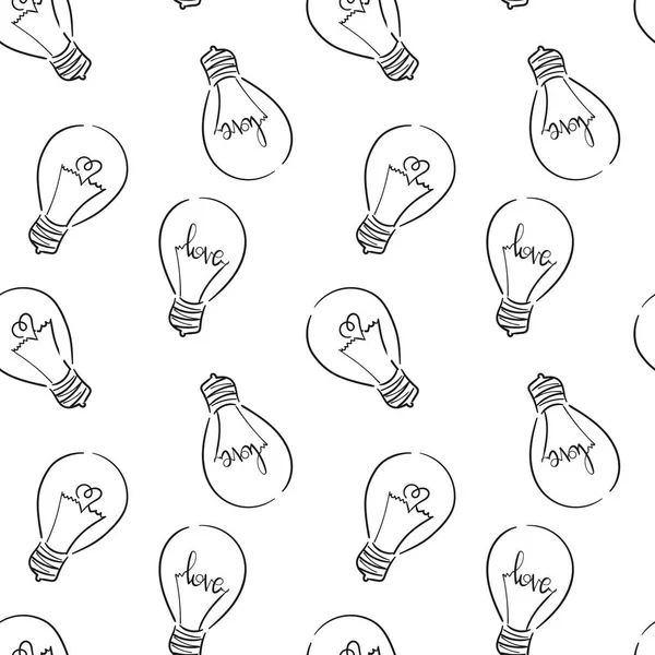 Seamless pattern with vector light bulb, symbol of heart and love ,symbol of innovation and good ideas. Background with bulbs outline — Stock Vector