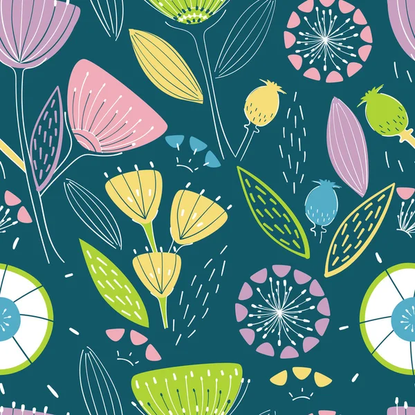 Motif sans couture avec différentes plantes et feuilles style naïf. Fleurs stylisées sur fond bleu foncé — Image vectorielle