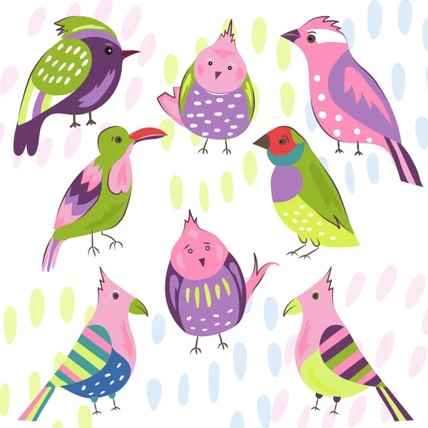 Cartoon collection of beautiful exotic tropical birds vector parrot, amadina. Doodle birds bright pink, red, green, blue, purple.