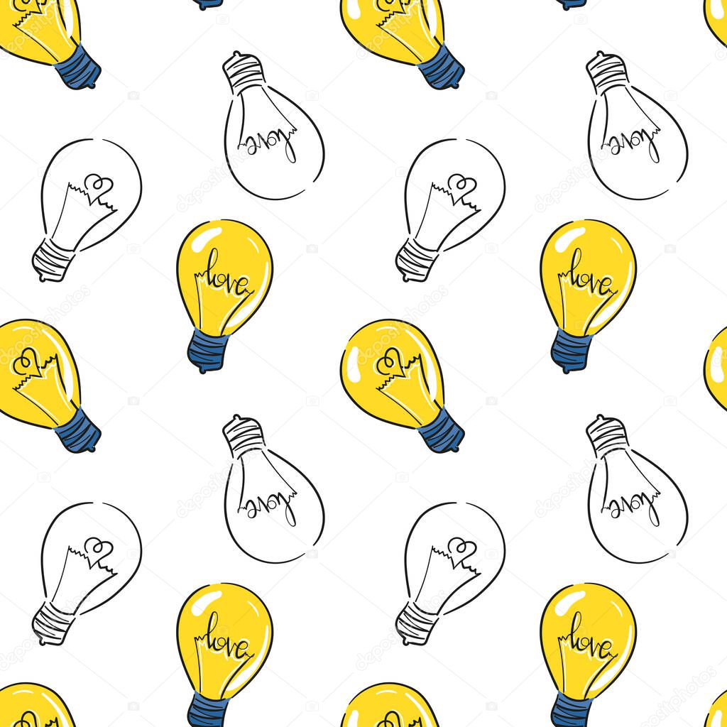 Seamless pattern with vector light bulb, symbol of heart and love ,symbol of innovation and good ideas. Background with bulbs outline and color