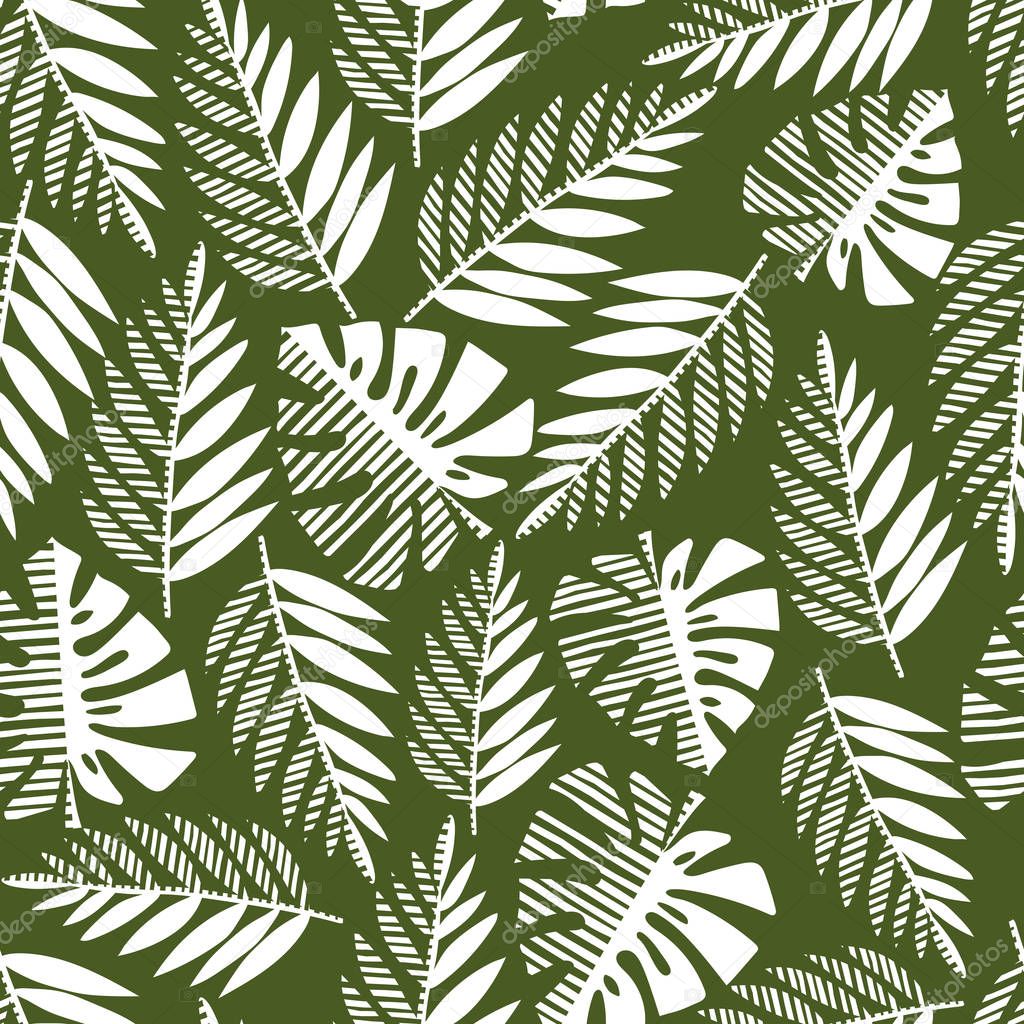 Seamless pattern of tropical leaves, vector illustration leafs of areca palm, philodendron, monstera, fern