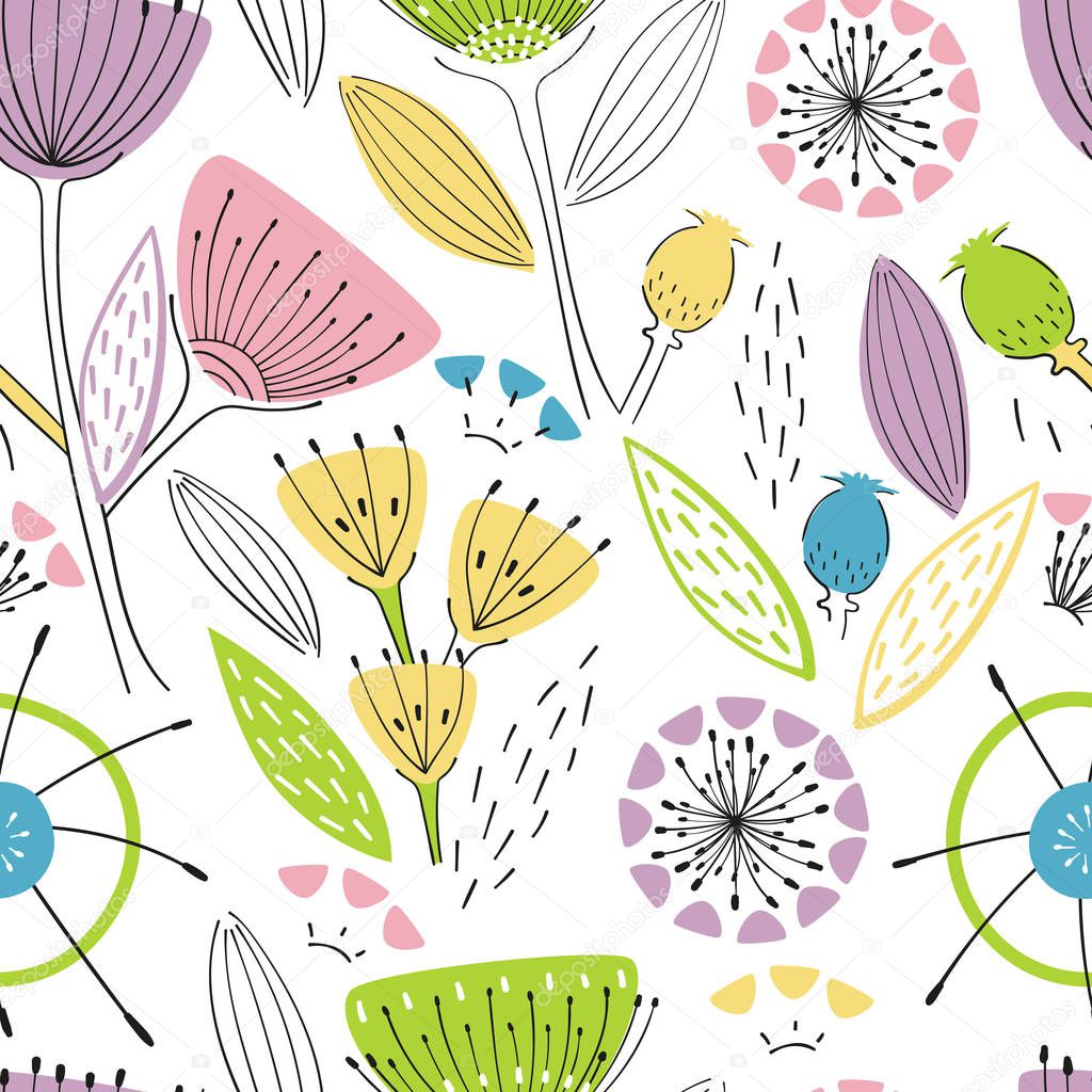 seamless pattern with different plants and leaves naive style. Flowers stylized on white background bright colors