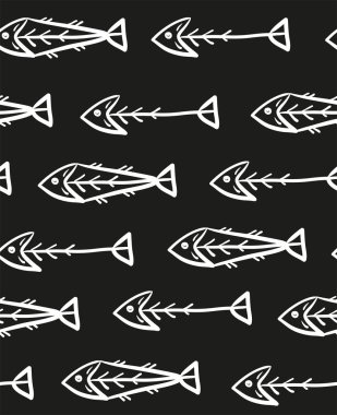 İskelet balık seamless modeli, koyu arka plan üzerinde balık kemikleri