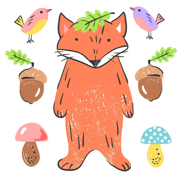 Legrační red fox s žalud, drůbež a houby. Obrázek o zvířatech pro děti design. Kreslený styl. — Stockový vektor