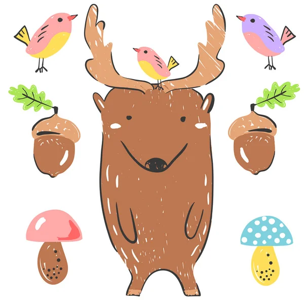 Legrační jelen s bird, žalud a houby. Obrázek o zvířatech pro děti design. Kreslený styl. — Stockový vektor