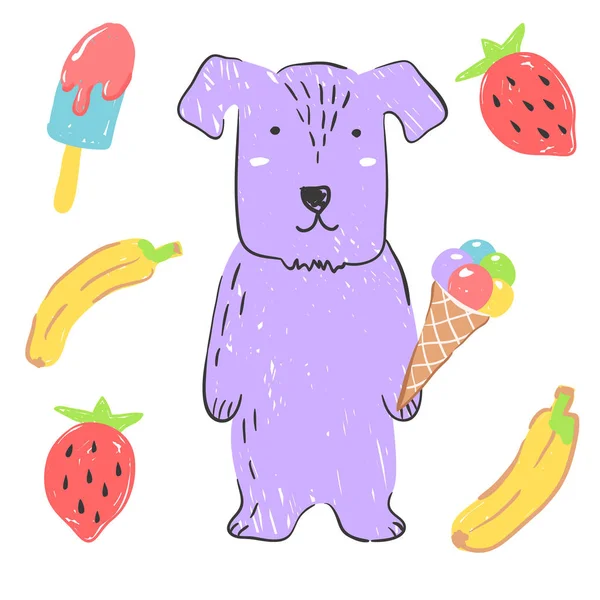 バナナ、イチゴ、アイス クリームと面白いバイオレット子犬。子供の設計のための動物のイラスト。漫画のスタイル. — ストックベクタ