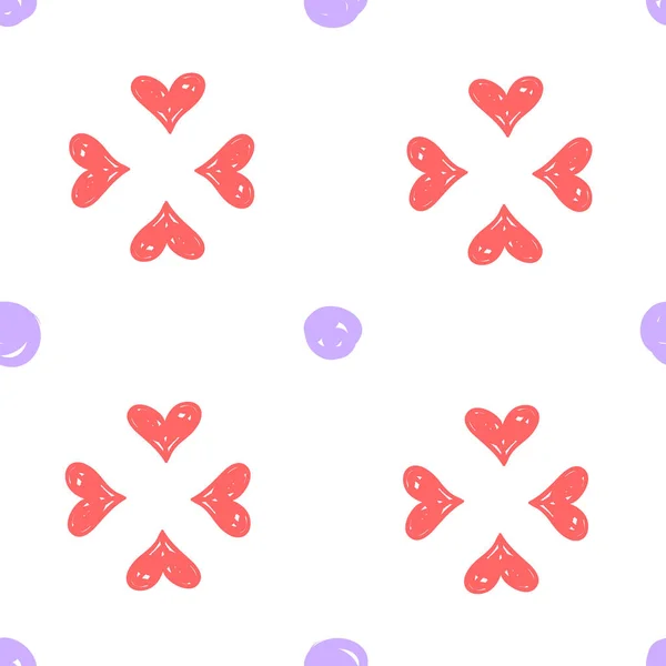 Simple handdrawn seamless pattern with pink heard and purple dots. For wallpapers, web background, textile, wrapping, fabric, kids design. — Stock Vector